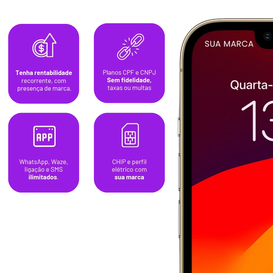 Rentabilidade recorrente, com presença de marca. Planos CPF e CNPJ Sem fidelidade, taxas ou multas. WhatsApp, Waze, ligação e SMS limitados. Implementação em apenas 45 dias CHIP e perfil elétrico com sua marca;
